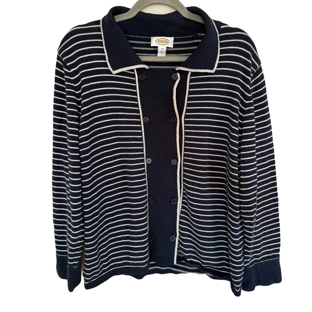 Talbots Navy and White Striped Button-Front Cardigan